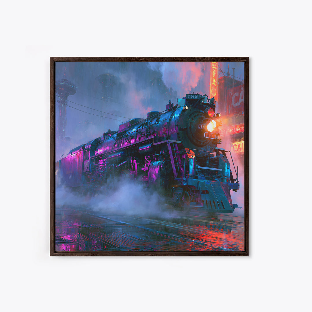 Steam Locomotive Racing Through Fog Framed Canvas Print, Steampunk Art, Statement Artwork, Living Room Decor, Mechanic, STE-1x1-78