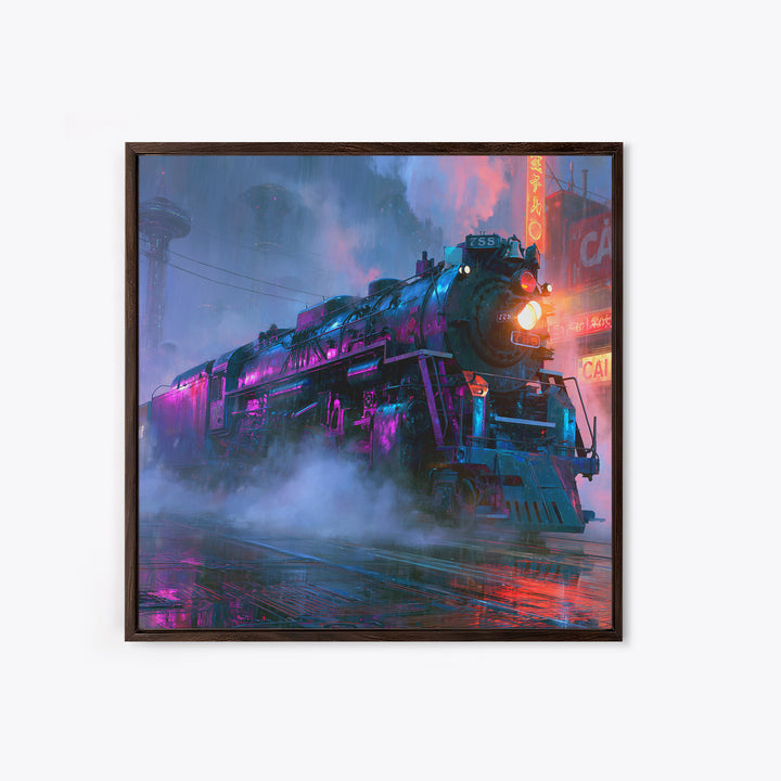 Steam Locomotive Racing Through Fog Framed Canvas Print, Steampunk Art, Statement Artwork, Living Room Decor, Mechanic, STE-1x1-78