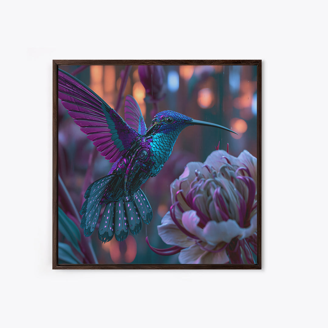 Mechanical Hummingbird Hovering Near Flower Canvas Print, Steampunk Art, Wall Decor, Living Room Decor, Oil Painting, Mechanic, STE-1x1-81