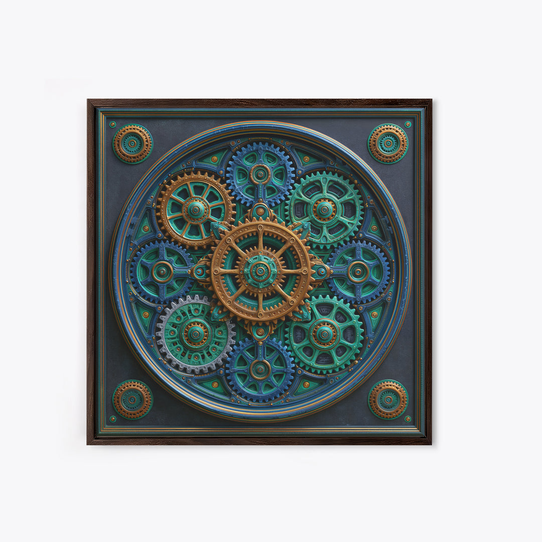 Cogwheel Mandala in Bronze and Teal Framed Canvas Print, Steampunk Art, Minimalist Decor, Living Room Decor, Fine Art, Mechanic, STE-1x1-88