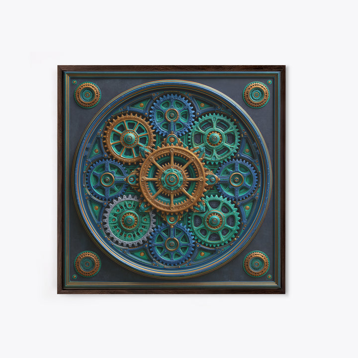 Cogwheel Mandala in Bronze and Teal Framed Canvas Print, Steampunk Art, Minimalist Decor, Living Room Decor, Fine Art, Mechanic, STE-1x1-88