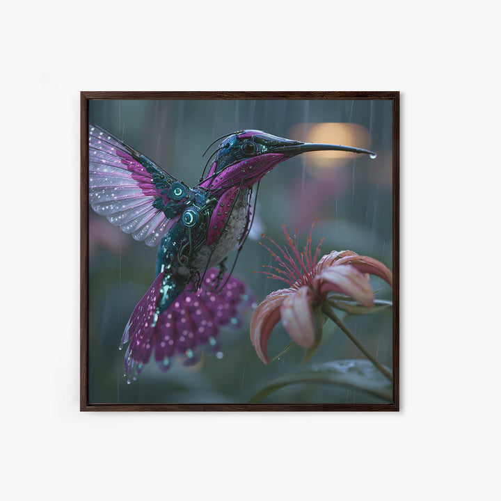 Mechanical Hummingbird Hovering Near Flower Canvas Print, Steampunk Art, Statement Artwork, Living Room Decor, Mechanic, STE-1x1-9