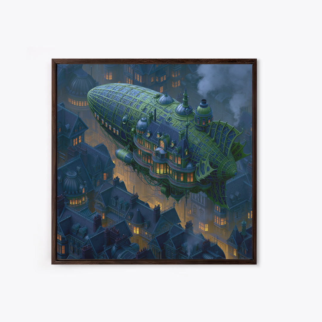 Airship Floating Above Victorian City Roofs Canvas Print, Steampunk Art, Textured Painting, Living Room Decor, Mechanic, STE-1x1-98