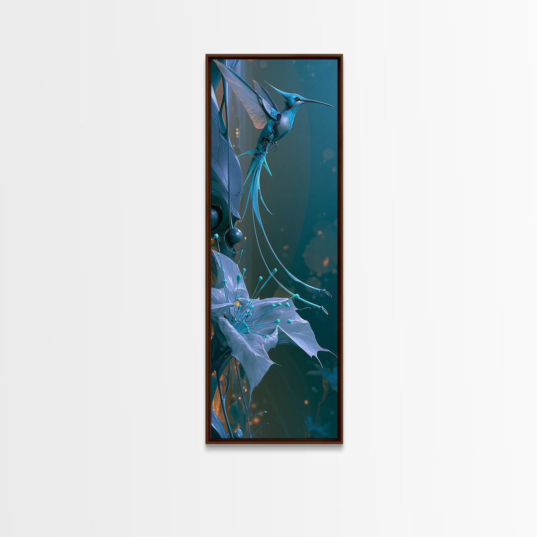 Mechanical Hummingbird Hovering Near Flower Framed Canvas Print, Steampunk Art, Wall Art, Living Room Decor, Watercolor Art, STE-1x3-45