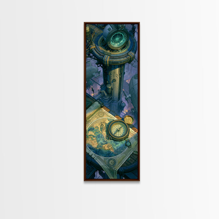 Airship Captain Map and Compass Still Life Framed Canvas Print, Steampunk Art, Dark Art, Living Room Decor, Oil Painting, STE-1x3-54