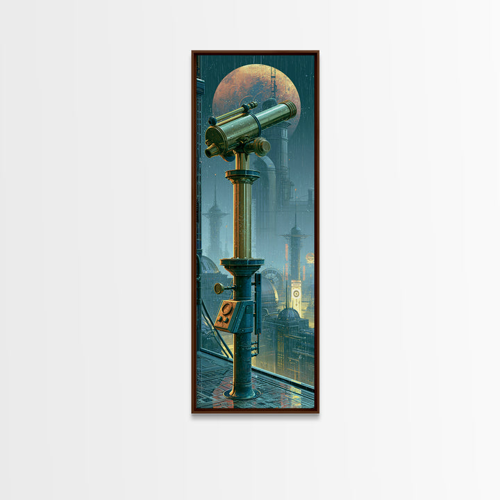 Brass Telescope Aimed at Copper Moon Canvas Print, Steampunk Art, Canvas Art, Living Room Decor, Abstract Art, Mechanic, STE-1x3-60
