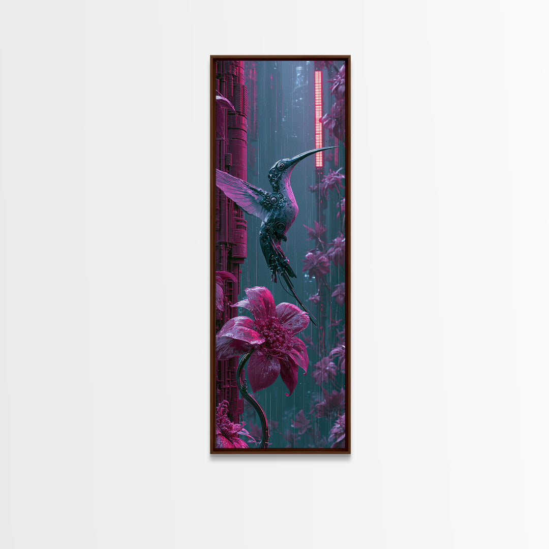 Mechanical Hummingbird Hovering Near Flower Framed Canvas Print, Steampunk Art, Wall Art, Living Room Decor, Watercolor Art, STE-1x3-69