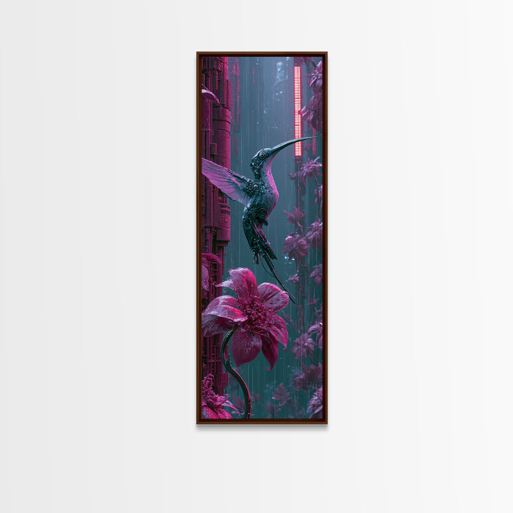 Mechanical Hummingbird Hovering Near Flower Framed Canvas Print, Steampunk Art, Wall Art, Living Room Decor, Watercolor Art, STE-1x3-69