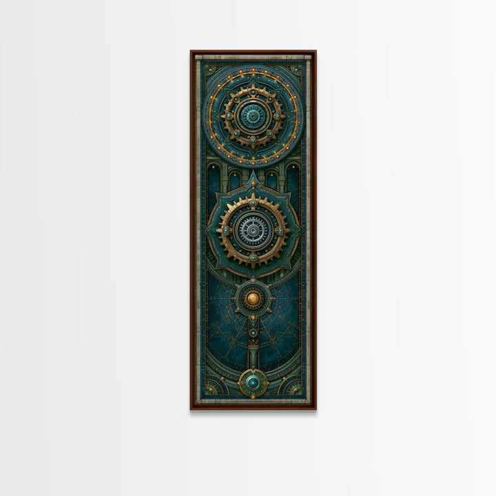 Cogwheel Mandala in Bronze and Teal Framed Canvas Print, Steampunk Art, Cat Art, Living Room Decor, Oil Painting, Mechanic, STE-1x3-76