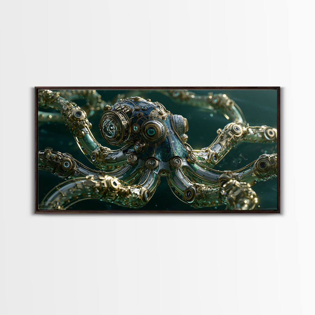 Steampunk Octopus with Brass Tentacles Framed Canvas Print, Steampunk Art, Steampunk, Living Room Decor, Fine Art, Mechanic, STE-2x1-1