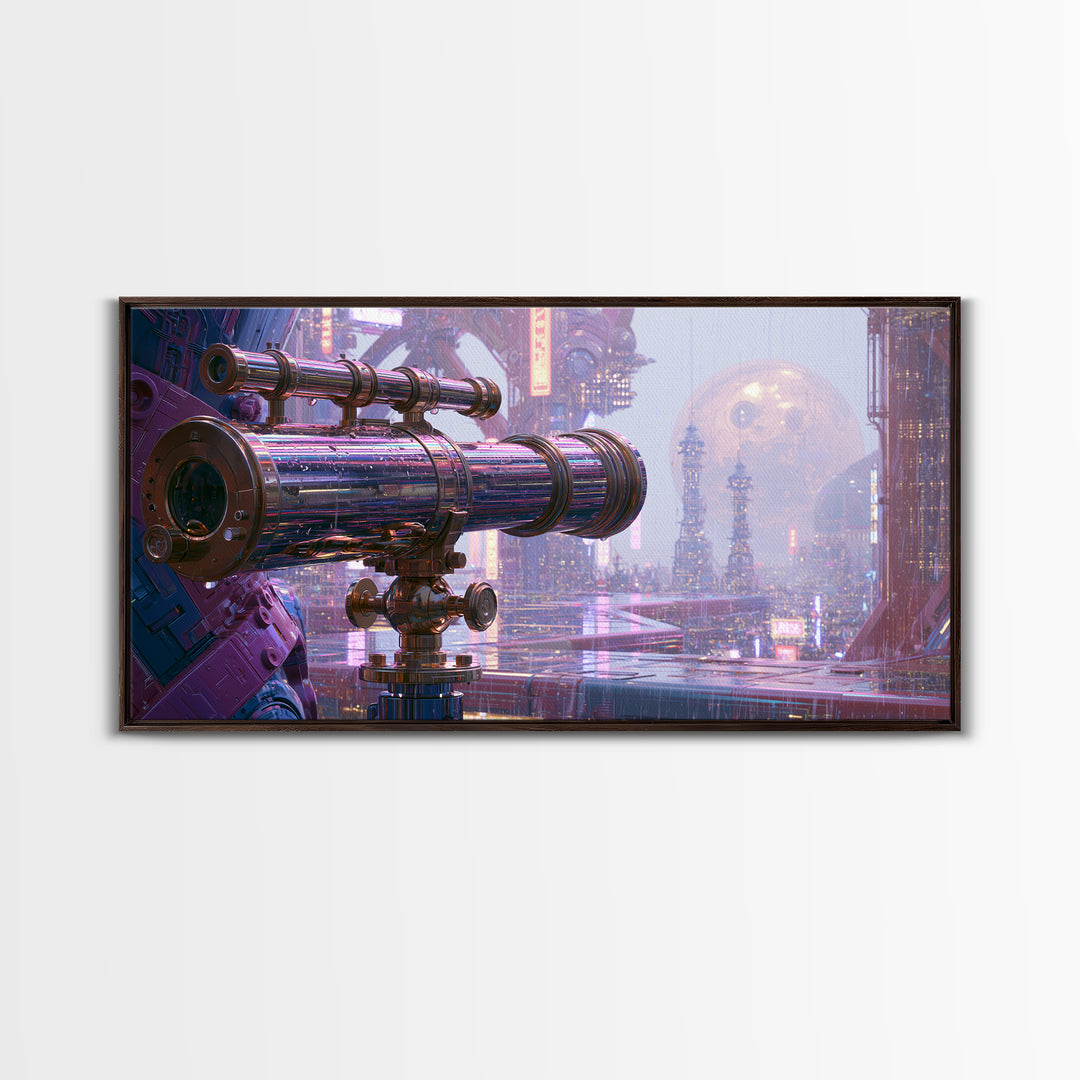 Brass Telescope Aimed at Copper Moon Framed Canvas Print, Steampunk Art, Statement Artwork, Living Room Decor, Mechanic, STE-2x1-20