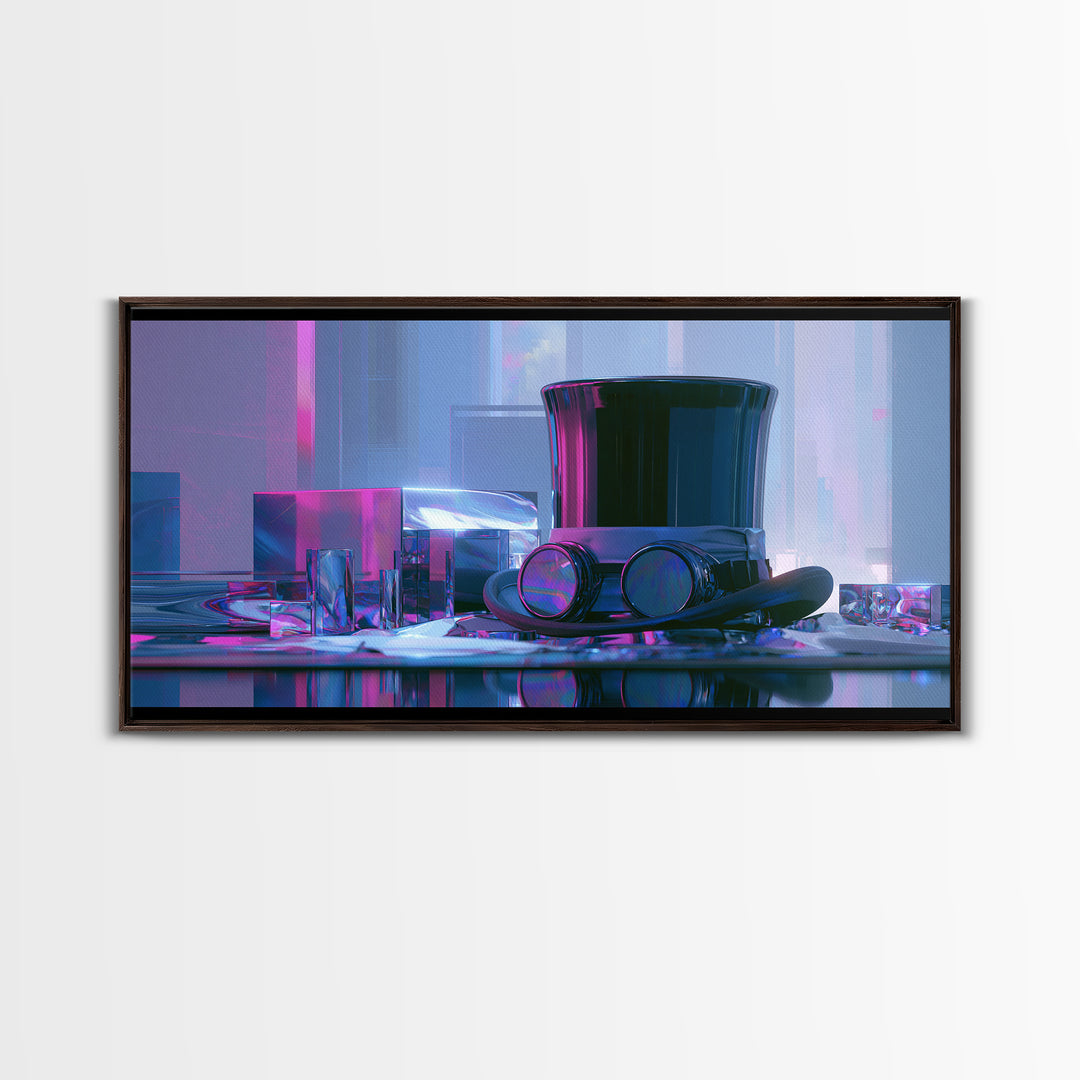 Top Hat and Goggles Still Life Framed Canvas Print, Steampunk Art, Minimalist Decor, Living Room Decor, Fine Art, Mechanic, STE-2x1-24