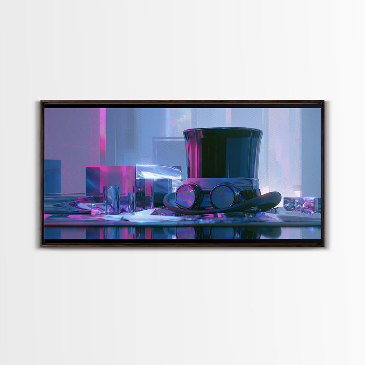 Top Hat and Goggles Still Life Framed Canvas Print, Steampunk Art, Minimalist Decor, Living Room Decor, Fine Art, Mechanic, STE-2x1-24