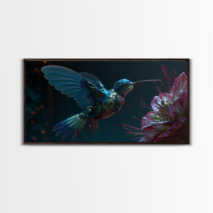Mechanical Hummingbird Hovering Near Flower Canvas Print, Steampunk Art, Original Art, Living Room Decor, Mechanic, Dark Art, STE-2x1-29