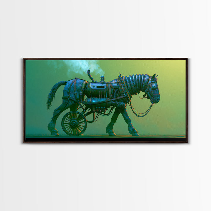 Steam Powered Horse Framed Canvas Print, Steampunk Art, Wall Art, Living Room Decor, Oil Painting, Mechanic, Ai Art, STE-2x1-35