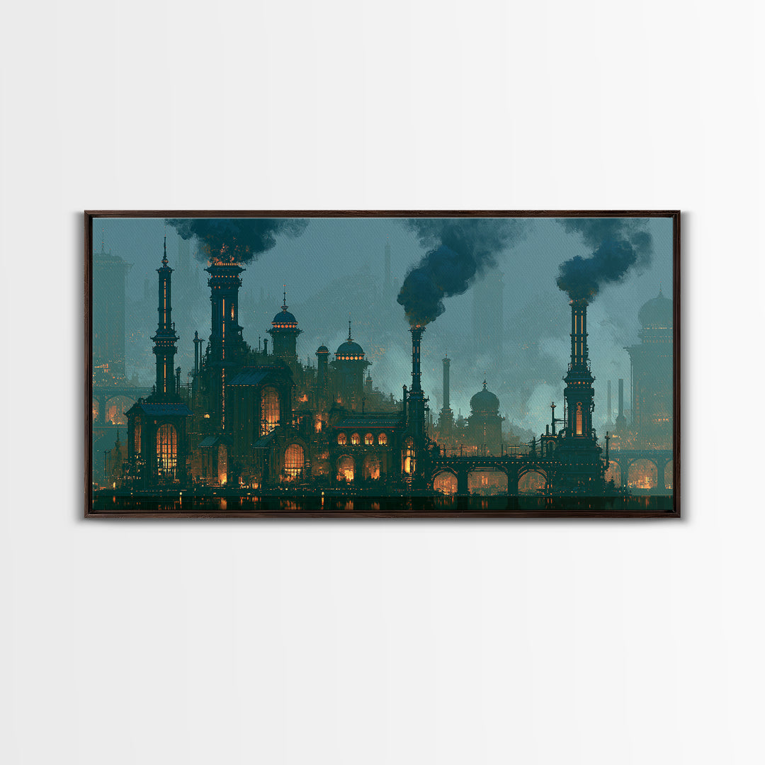 Steam Powered City Skyline Canvas Print, Steampunk Art, Digital Art, Living Room Decor, Abstract Art, Mechanic, Wall Art Print, STE-2x1-41
