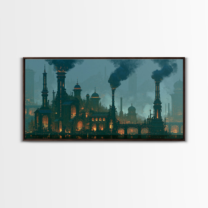 Steam Powered City Skyline Canvas Print, Steampunk Art, Digital Art, Living Room Decor, Abstract Art, Mechanic, Wall Art Print, STE-2x1-41