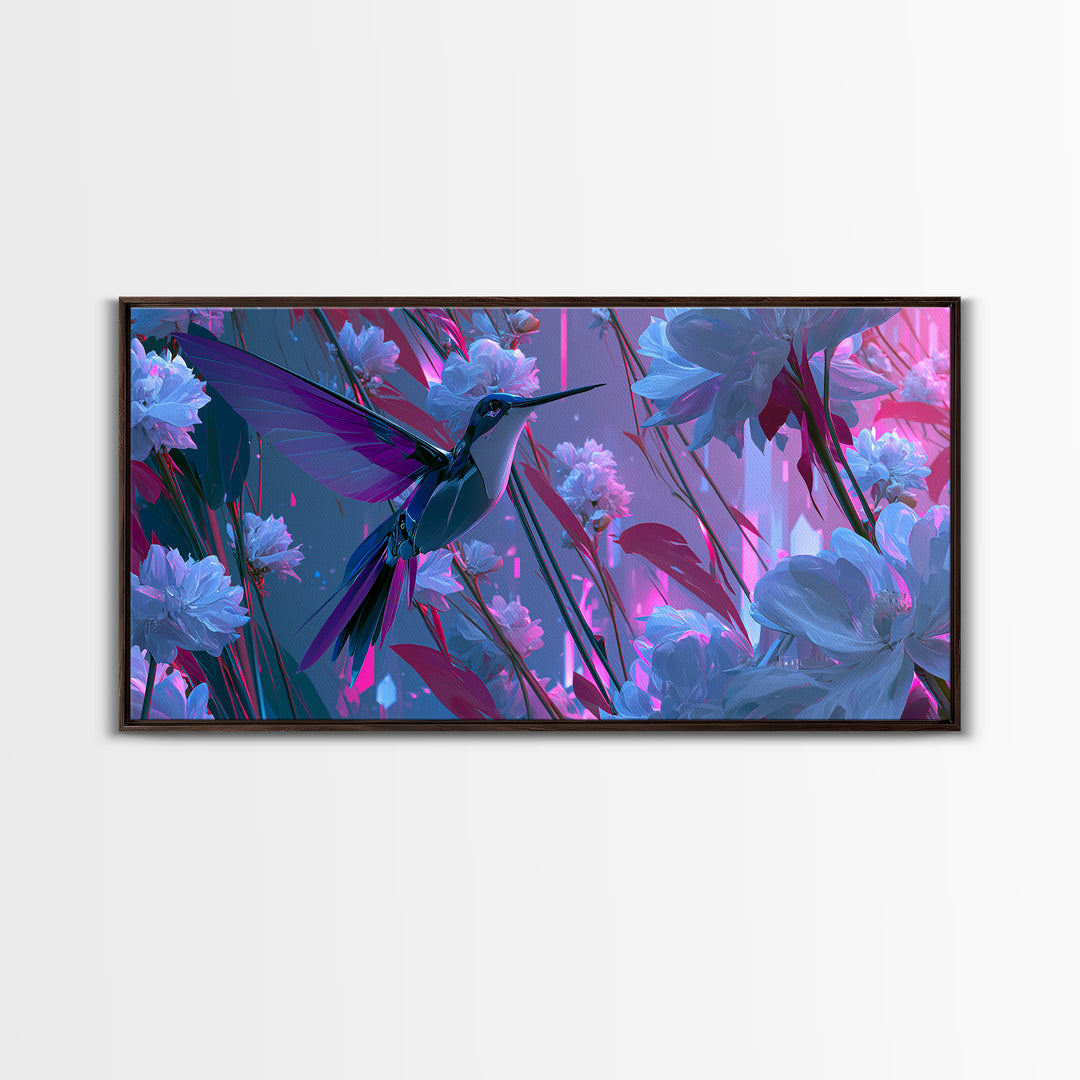 Mechanical Hummingbird Hovering Near Flower Canvas Print, Steampunk Art, Original Art, Living Room Decor, Mechanic, Dark Art, STE-2x1-5