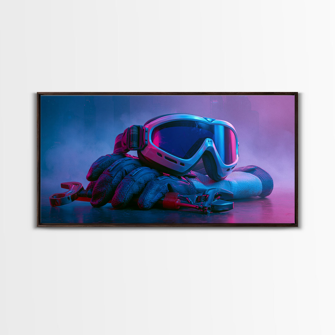 Goggles Gloves and Wrench Still Life Framed Canvas Print, Steampunk Art, Gallery Decor, Living Room Decor, Fine Art, Mechanic, STE-2x1-67