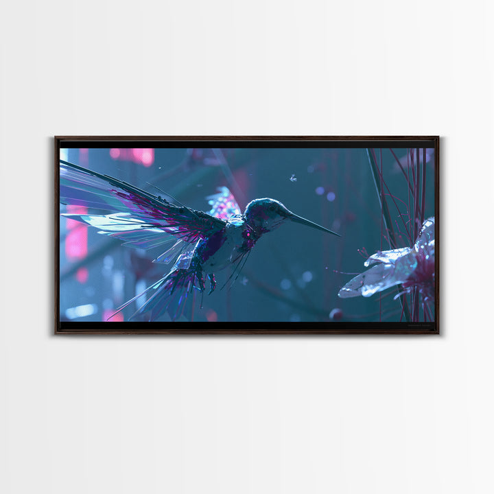 Mechanical Hummingbird Hovering Near Flower Canvas Print, Steampunk Art, Printable Art, Living Room Decor, Watercolor Art, STE-2x1-77