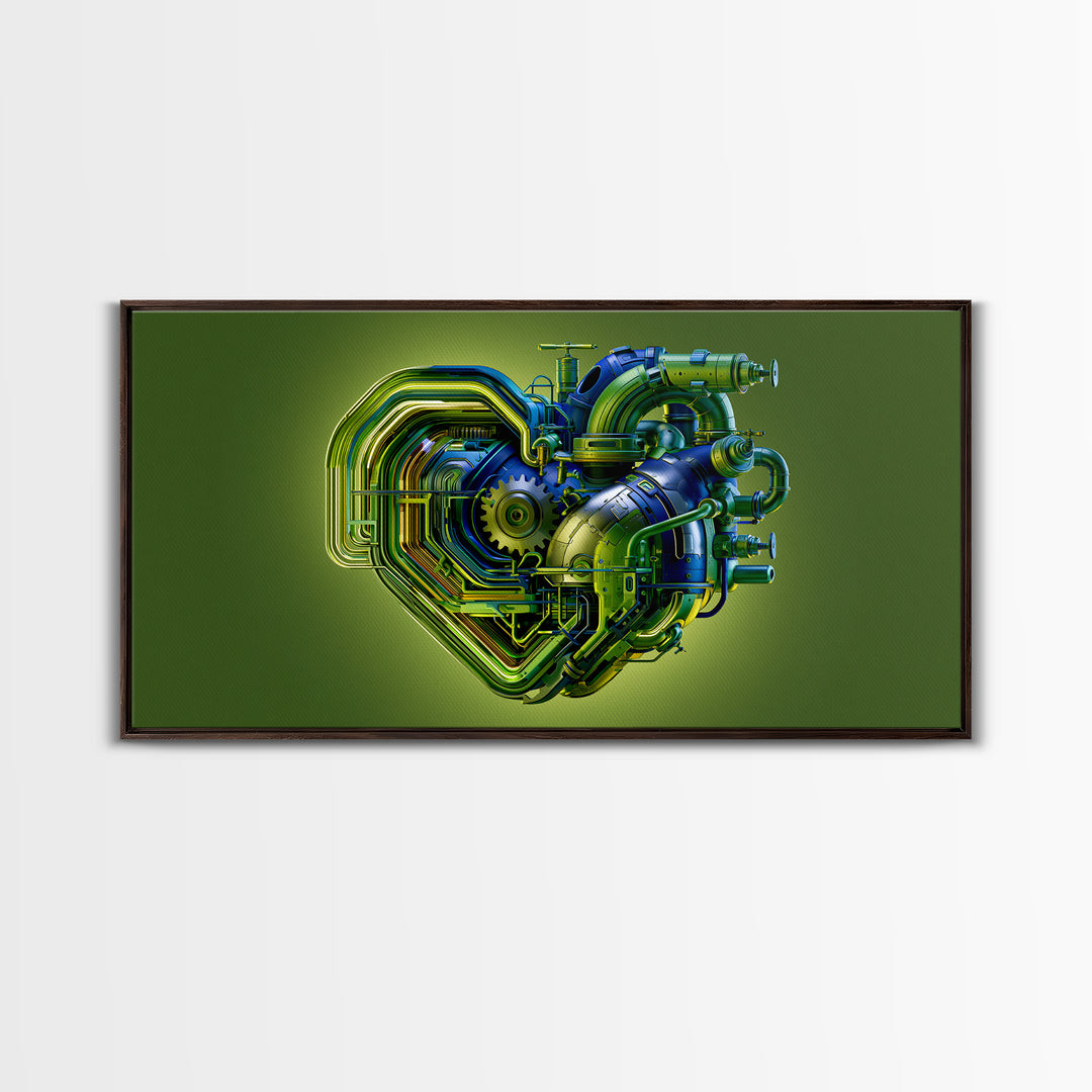 Gear Heart with Pipes and Valves Framed Canvas Print, Steampunk Art, Digital Print, Living Room Decor, Fine Art, Mechanic, STE-2x1-88