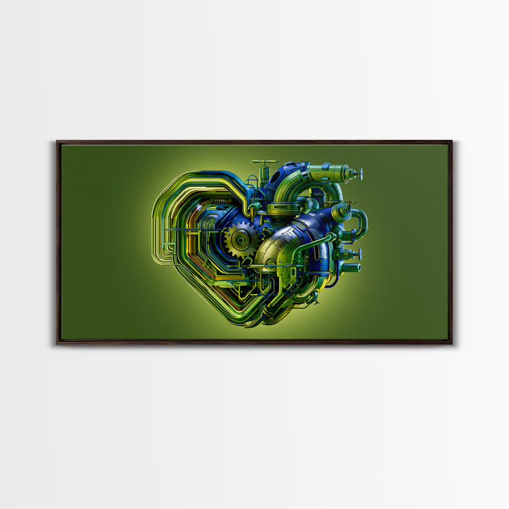 Gear Heart with Pipes and Valves Framed Canvas Print, Steampunk Art, Digital Print, Living Room Decor, Fine Art, Mechanic, STE-2x1-88