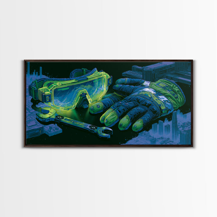 Goggles Gloves and Wrench Still Life Framed Canvas Print, Steampunk Art, Abstract Art, Living Room Decor, Fine Art, Mechanic, STE-2x1-91
