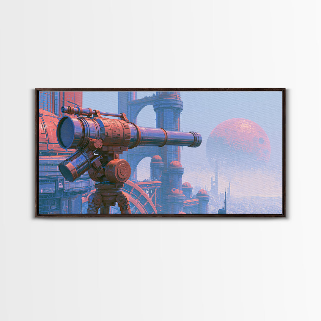 Brass Telescope Aimed at Copper Moon Framed Canvas Print, Steampunk Art, Printable Art, Living Room Decor, Oil Painting, STE-2x1-92