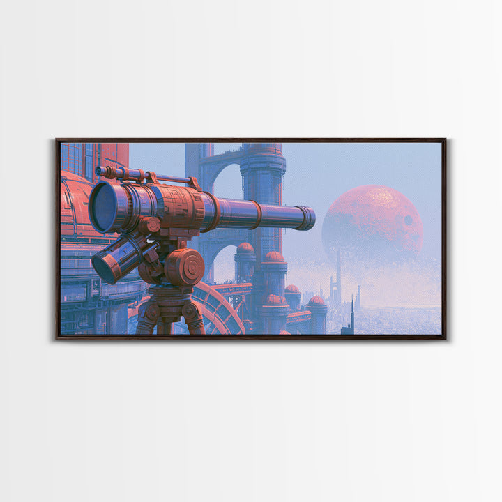 Brass Telescope Aimed at Copper Moon Framed Canvas Print, Steampunk Art, Printable Art, Living Room Decor, Oil Painting, STE-2x1-92