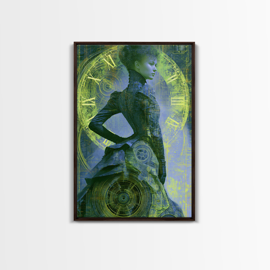 Victorian Lady with Clockwork Dress Details Framed Canvas Print, Steampunk Art, Steampunk, Living Room Decor, Mechanic, STE-2x3-1