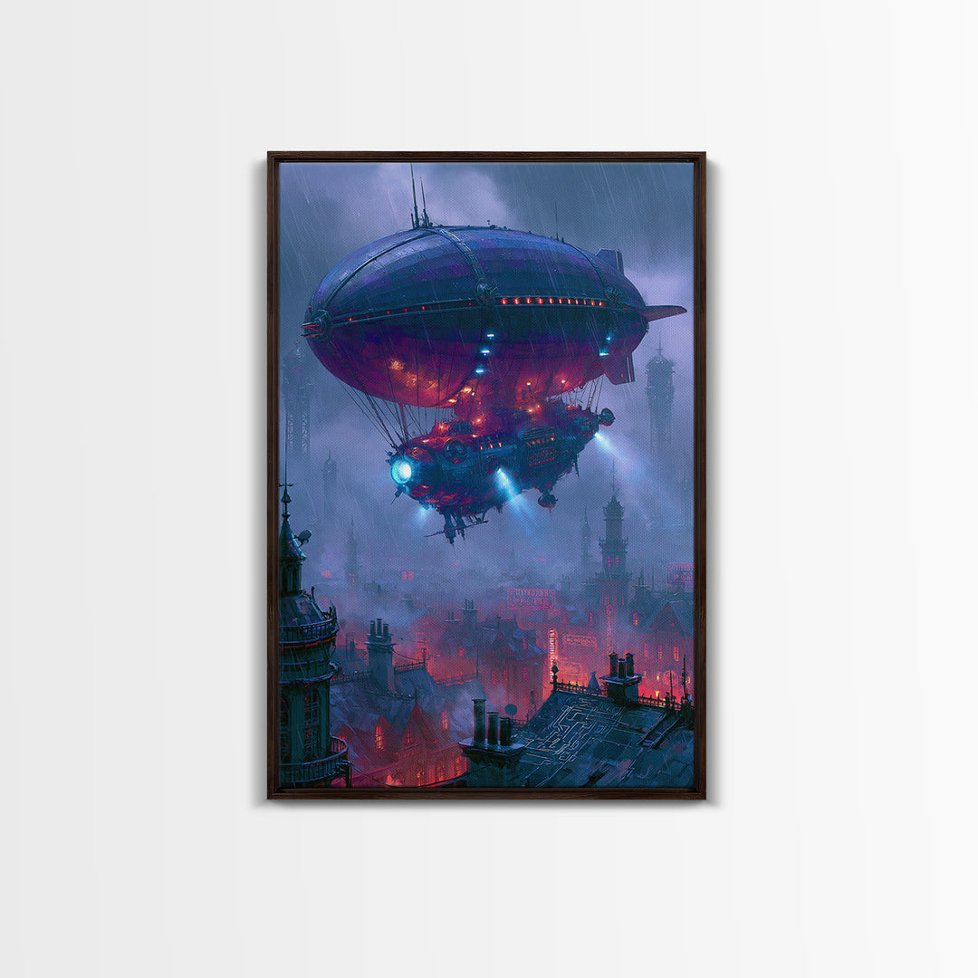 Airship Floating Above Victorian City Roofs Canvas Print, Steampunk Art, Contemporary Art, Living Room Decor, Mechanic, STE-2x3-10