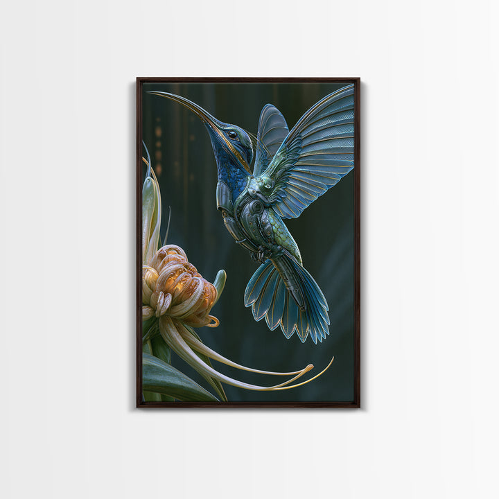 Mechanical Hummingbird Hovering Near Flower Framed Canvas Print, Steampunk Art, Canvas Art, Living Room Decor, Mechanic, STE-2x3-17