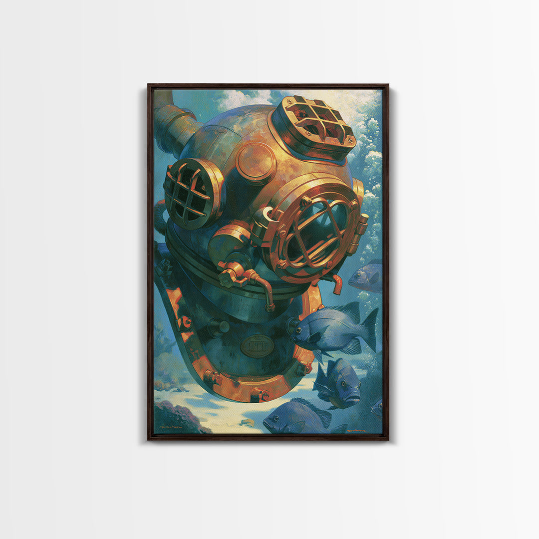 Brass Diving Helmet Framed Canvas Print, Steampunk Art, Printable Art, Living Room Decor, Oil Painting, Mechanic, STE-2x3-20