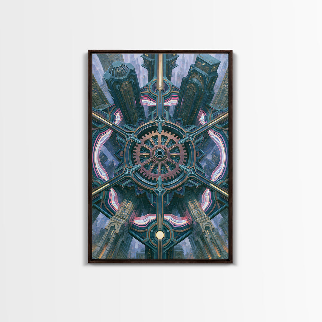 Cogwheel Mandala in Bronze and Teal Framed Canvas Print, Steampunk Art, Modern Decor, Living Room Decor, Fine Art, Mechanic, STE-2x3-24