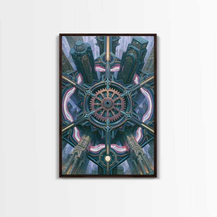 Cogwheel Mandala in Bronze and Teal Framed Canvas Print, Steampunk Art, Modern Decor, Living Room Decor, Fine Art, Mechanic, STE-2x3-24
