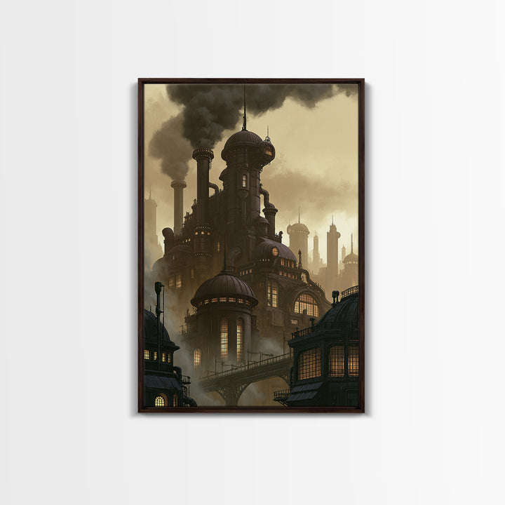 Steam Powered City Skyline Canvas Print, Steampunk Art, Original Art, Living Room Decor, Abstract Art, Mechanic, Cat Art, STE-2x3-29