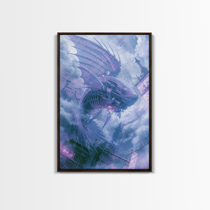 Mechanical Fish Swimming Through Clouds Framed Canvas Print, Steampunk Art, Minimalist Decor, Living Room Decor, Mechanic, STE-2x3-30