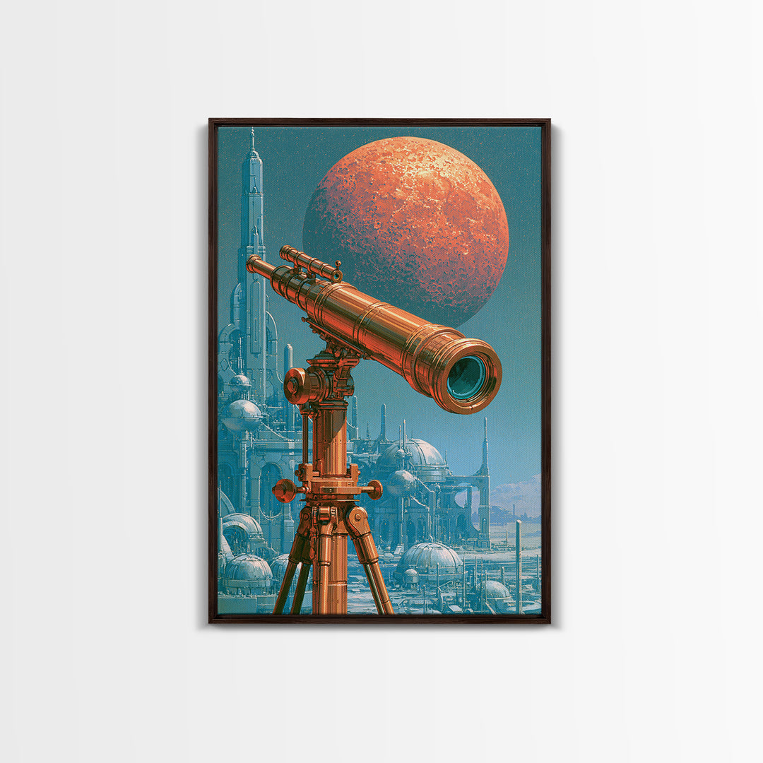 Brass Telescope Aimed at Copper Moon Canvas Print, Steampunk Art, Statement Artwork, Living Room Decor, Fine Art, Mechanic, STE-2x3-32