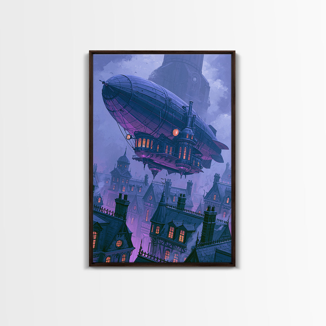 Airship Floating Above Victorian City Roofs Framed Canvas Print, Steampunk Art, Art Print, Living Room Decor, Mechanic, STE-2x3-34