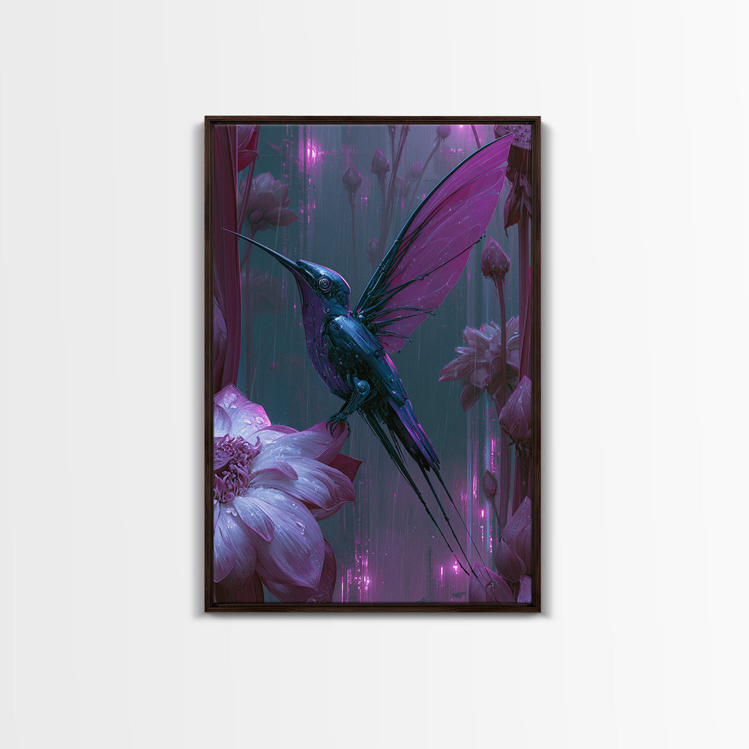 Mechanical Hummingbird Hovering Near Flower Framed Canvas Print, Steampunk Art, Canvas Art, Living Room Decor, Mechanic, STE-2x3-41