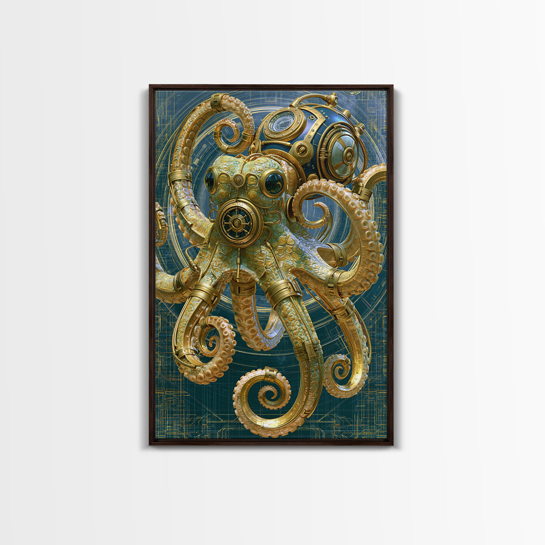 Steampunk Octopus with Brass Tentacles Canvas Print, Steampunk Art, Boho Wall Art, Living Room Decor, Fine Art, Mechanic, STE-2x3-61