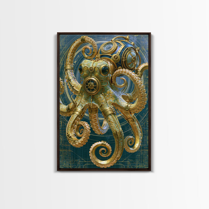 Steampunk Octopus with Brass Tentacles Canvas Print, Steampunk Art, Boho Wall Art, Living Room Decor, Fine Art, Mechanic, STE-2x3-61