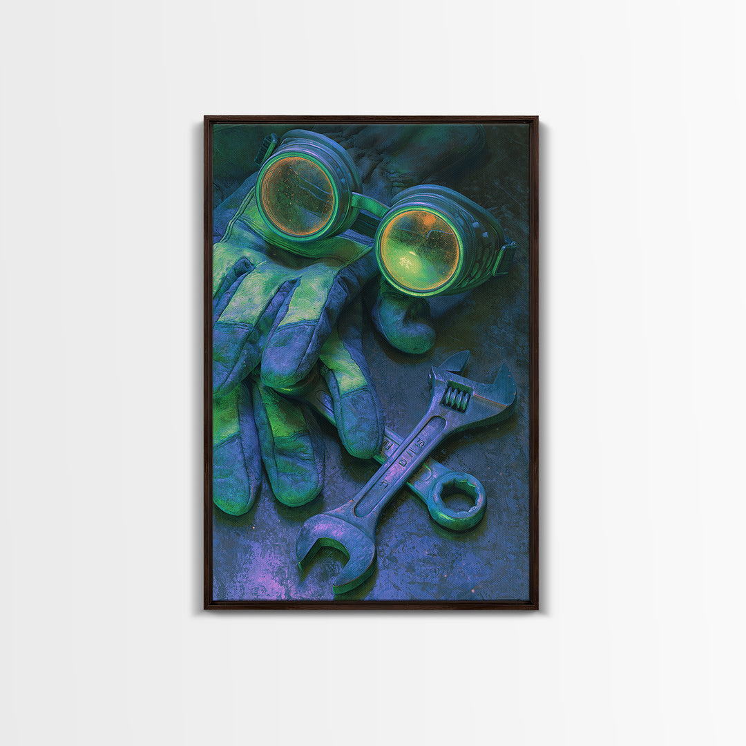 Goggles Gloves and Wrench Still Life Canvas Print, Steampunk Art, Fine Art Print, Living Room Decor, Fine Art, Mechanic, STE-2x3-7