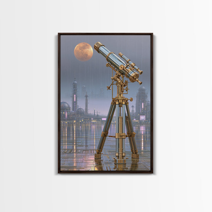 Brass Telescope Aimed at Copper Moon Framed Canvas Print, Steampunk Art, Dark Art, Living Room Decor, Oil Painting, Mechanic, STE-2x3-8