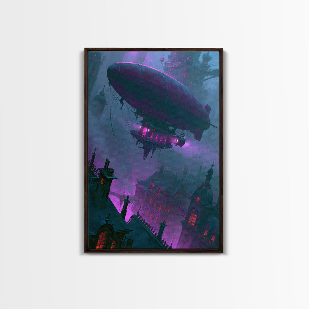 Airship Floating Above Victorian City Roofs Canvas Print, Steampunk Art, Abstract Art, Living Room Decor, Fine Art, Mechanic, STE-2x3-82