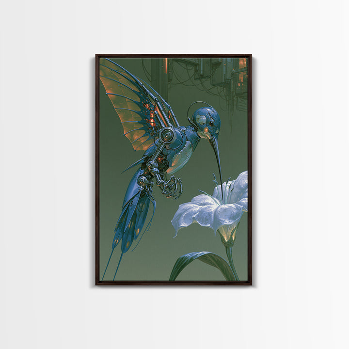 Mechanical Hummingbird Hovering Near Flower Canvas Print, Steampunk Art, Digital Download Art, Living Room Decor, Mechanic, STE-2x3-89