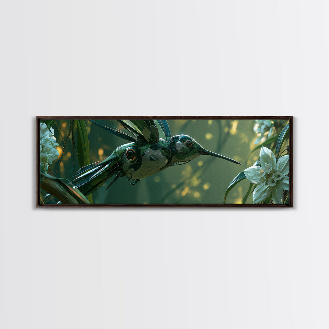 Mechanical Hummingbird Hovering Near Flower Canvas Print, Steampunk Art, Wall Art Living Room, Living Room Decor, Mechanic, STE-3x1-1