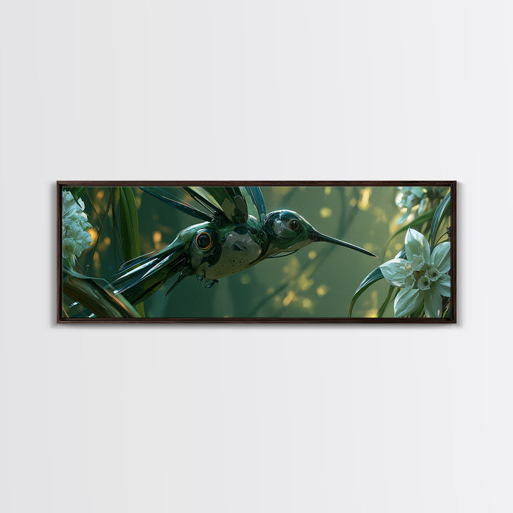 Mechanical Hummingbird Hovering Near Flower Canvas Print, Steampunk Art, Wall Art Living Room, Living Room Decor, Mechanic, STE-3x1-1