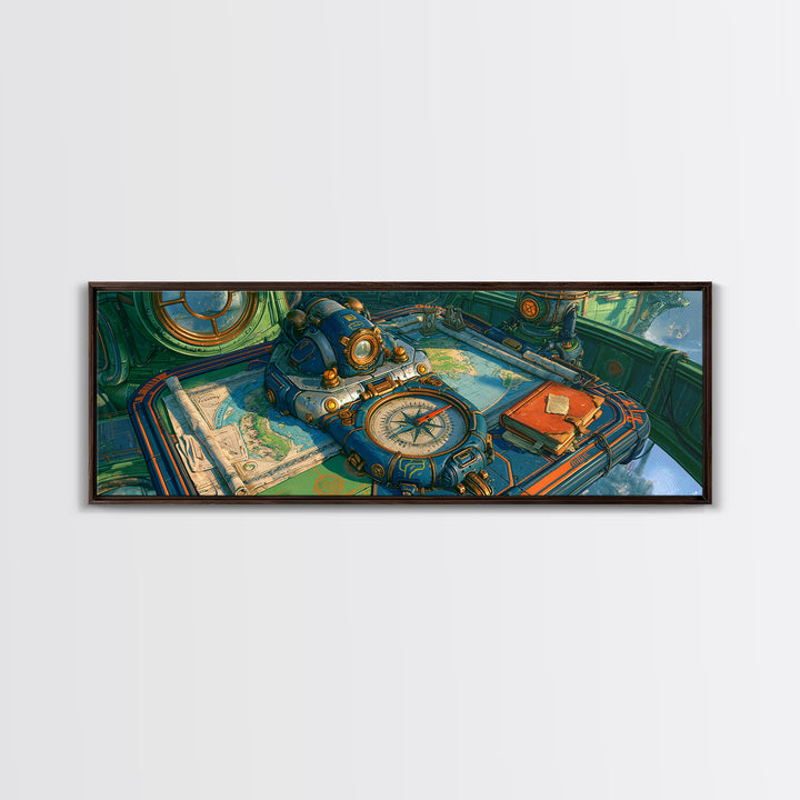 Airship Captain Map and Compass Still Life Framed Canvas Print, Steampunk Art, Digital Art, Living Room Decor, Mechanic, STE-3x1-10