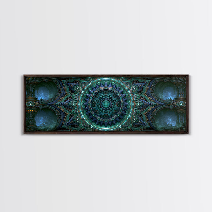 Cogwheel Mandala in Bronze and Teal Framed Canvas Print, Steampunk Art, Abstract Art Print, Living Room Decor, Watercolor Art, STE-3x1-32